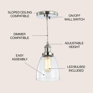 Cleo 5.5" Adjustable Metal/Glass LED Pendant - JONATHAN Y